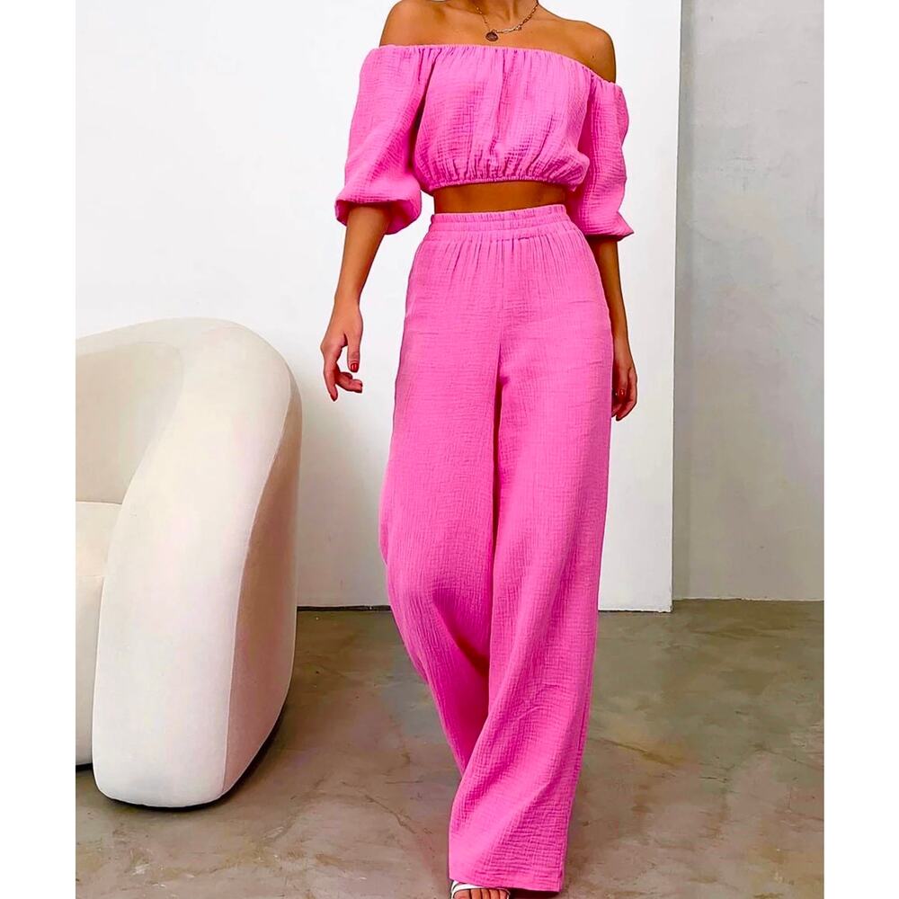 Commense Pink Off-Shoulder Jumpsuit with Puff Sleeves